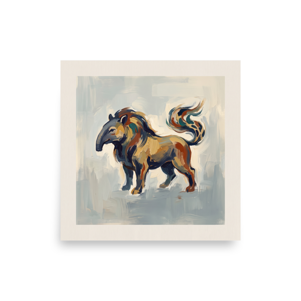 Folk art wall art, 'Baku the Dream Eater'. An expressive painting of the mythical Japanese Baku spirit in an entryway, with warm ochre and slate blue brushwork.