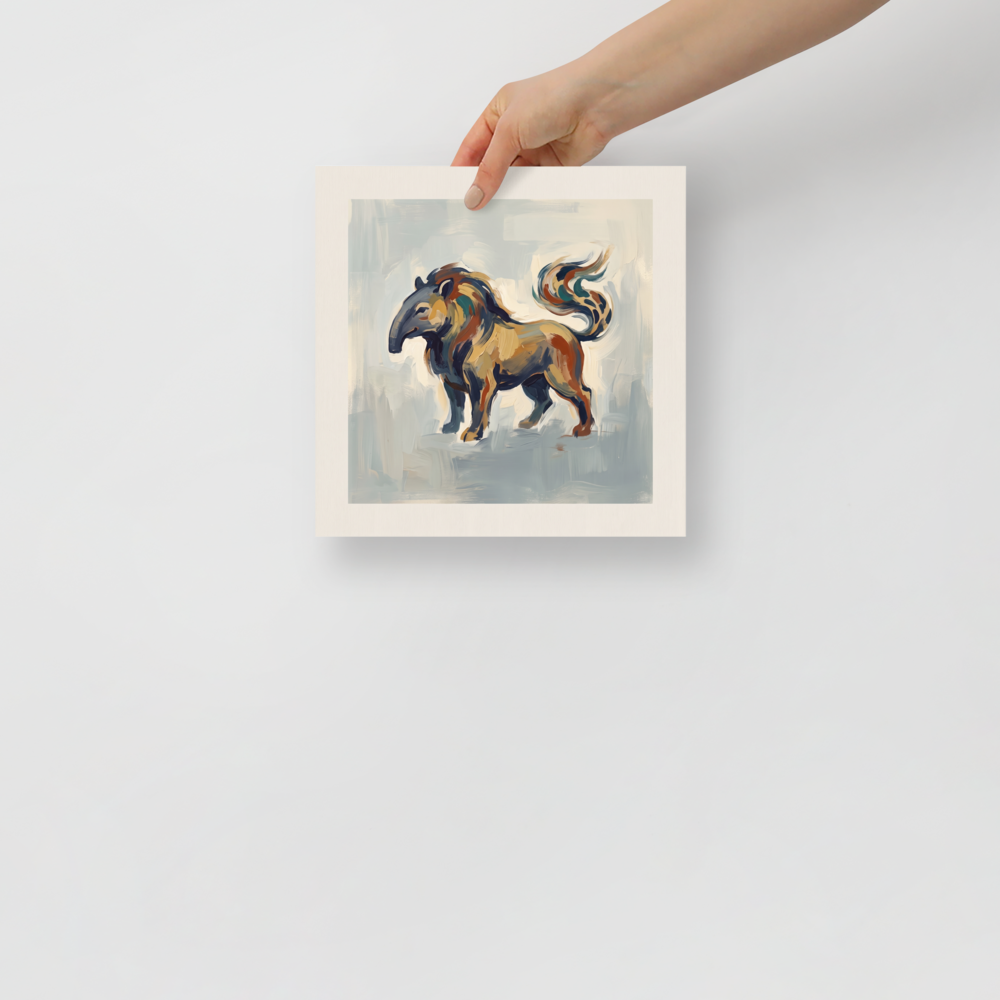 An expressive painting of the mythical Japanese Baku spirit in an entryway, with warm ochre and slate blue brushwork. A Folk art print with a oil painting look, titled 'Baku the Dream Eater'.