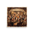 A amusement / humorous Realism print, 'Lift Your Spirits'. A warm oil painting of pub patrons raising beer glasses with playful ghosts rising from the foam, ideal home bar wall art.
