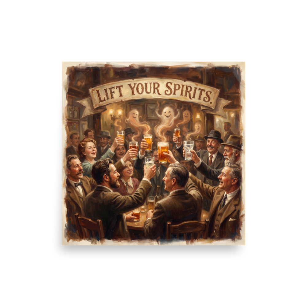 A amusement / humorous Realism print, 'Lift Your Spirits'. A warm oil painting of pub patrons raising beer glasses with playful ghosts rising from the foam, ideal home bar wall art.