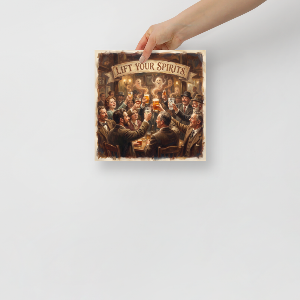 Realism wall art for the home bar / cellar, 'Lift Your Spirits'. A warm oil painting of pub patrons raising beer glasses with playful ghosts rising from the foam, ideal home bar wall art.