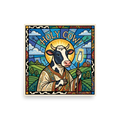 The Pop art print 'Holy Cow!'. Stained glass style portrait of a haloed cow holding a bottle of milk under Holy Cow text for kitchen wall art.