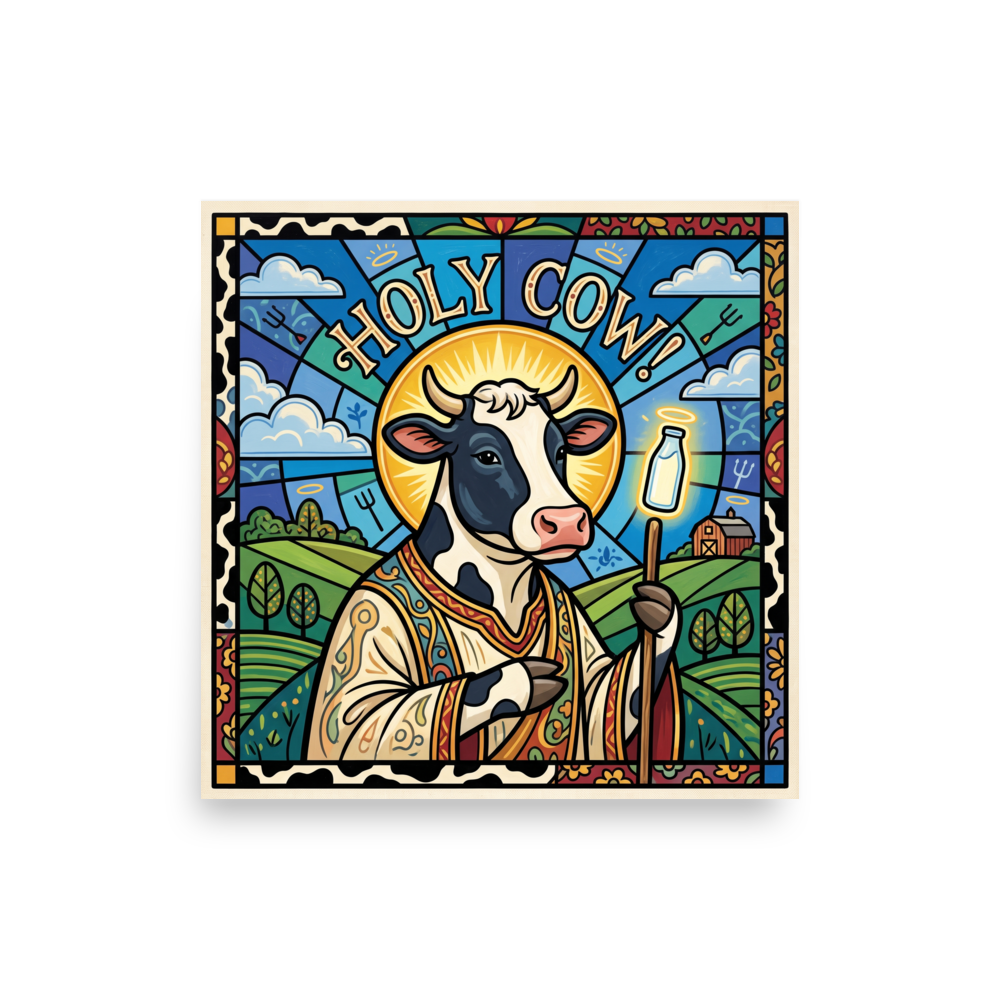 The Pop art print 'Holy Cow!'. Stained glass style portrait of a haloed cow holding a bottle of milk under Holy Cow text for kitchen wall art.