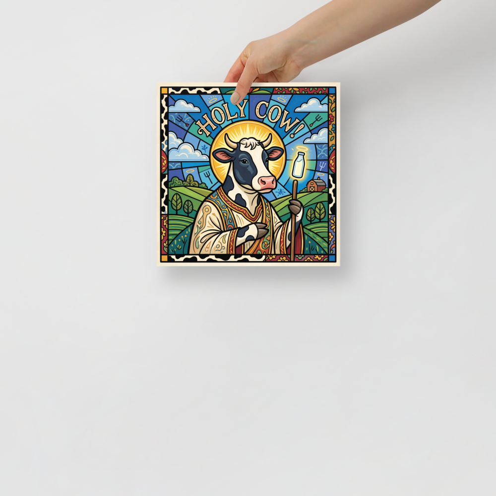 Stained glass style portrait of a haloed cow holding a bottle of milk under Holy Cow text for kitchen wall art. 'Holy Cow!', a Pop art print for the wall.