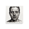 A brooding scene in black and white, 'Dissolving Gaze'. Dramatic monochrome ink wash portrait of a man's face dissolving with black ink drips on textured paper, perfect for a studio or bedroom wall.