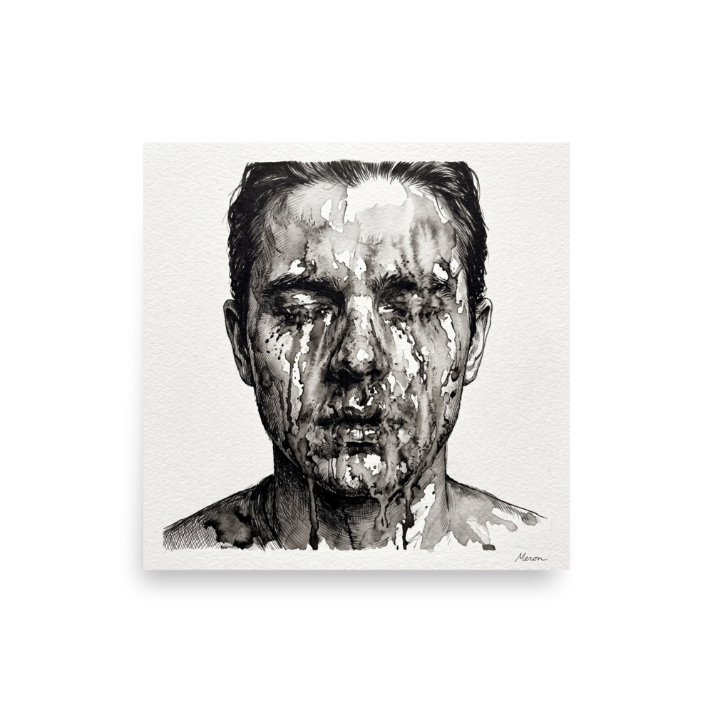 A brooding scene in black and white, 'Dissolving Gaze'. Dramatic monochrome ink wash portrait of a man's face dissolving with black ink drips on textured paper, perfect for a studio or bedroom wall.