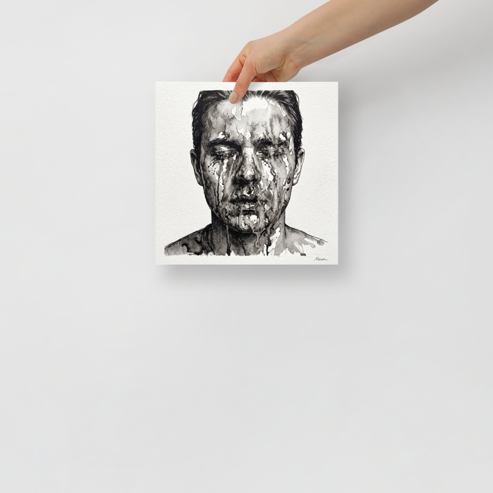 Dramatic monochrome ink wash portrait of a man's face dissolving with black ink drips on textured paper, perfect for a studio or bedroom wall. A Expressionism print in black and white, 'Dissolving Gaze'.
