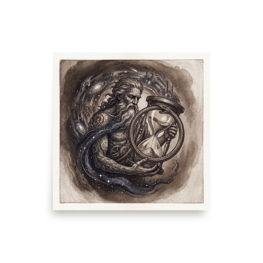 A intricate / ornate scene in brown and dark gray, 'Chronos and the Wheel of Time'. An intricate sepia ink illustration of Father Time holding an hourglass and snake ring in a Boardroom / Conference Room setting.