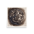 A intricate / ornate scene in brown and dark gray, 'Chronos and the Wheel of Time'. An intricate sepia ink illustration of Father Time holding an hourglass and snake ring in a Boardroom / Conference Room setting.