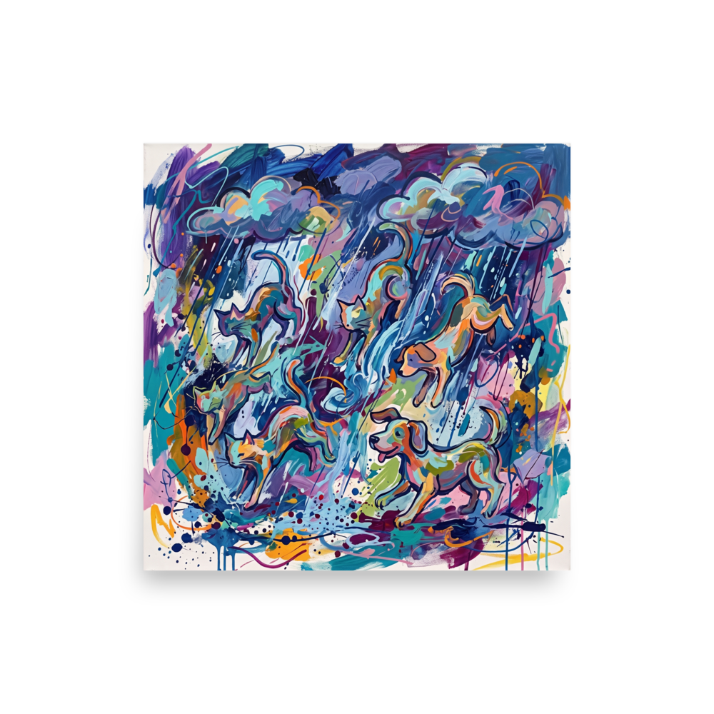 A vibrant abstract expressionist painting depicting cats and dogs falling through colorful rain clouds, ideal living room wall art. A Expressionism print with a acrylic painting techniques look, titled 'Raining Cats and Dogs'.
