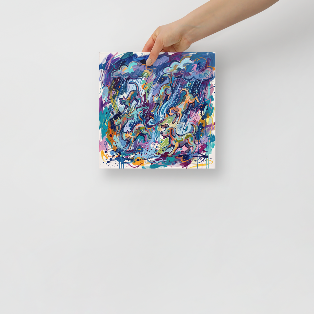 A lively / vibrant Expressionism print, 'Raining Cats and Dogs'. A vibrant abstract expressionist painting depicting cats and dogs falling through colorful rain clouds, ideal living room wall art.