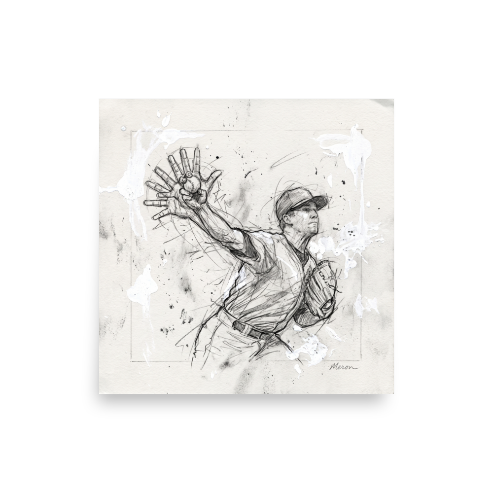 'Pitcher's Release'. Dynamic graphite sports sketch of a baseball pitcher releasing a pitch with white paint splatters, ideal for game room wall art. Offered as a Action painting print.