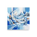 A geometric Crystal Cubism winter landscape print displaying angular mountains and frozen pine trees, perfect for a modern Living Room. A Crystal Cubism print in sky blue and white, 'Crystalline Alpine Haven'.