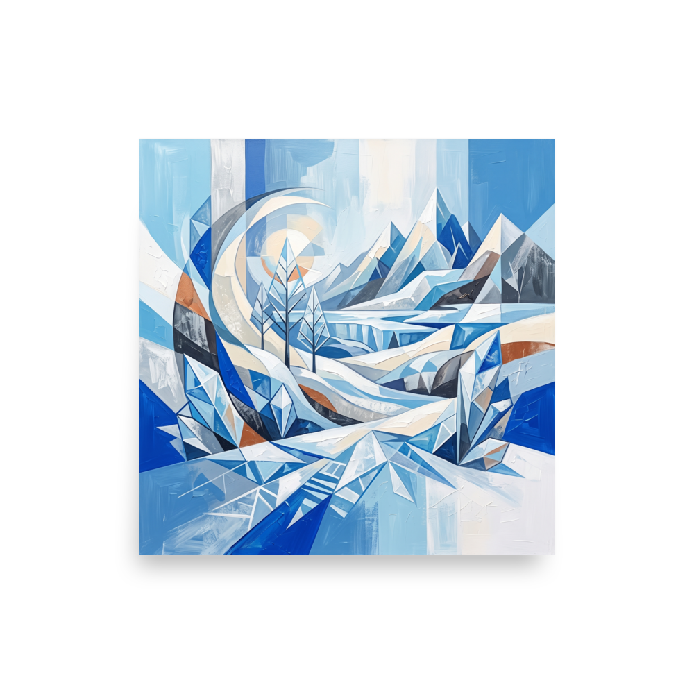 A geometric Crystal Cubism winter landscape print displaying angular mountains and frozen pine trees, perfect for a modern Living Room. A Crystal Cubism print in sky blue and white, 'Crystalline Alpine Haven'.