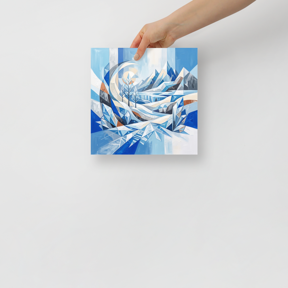A geometric Crystal Cubism winter landscape print displaying angular mountains and frozen pine trees, perfect for a modern Living Room. Shown here as the Crystal Cubism print 'Crystalline Alpine Haven'.