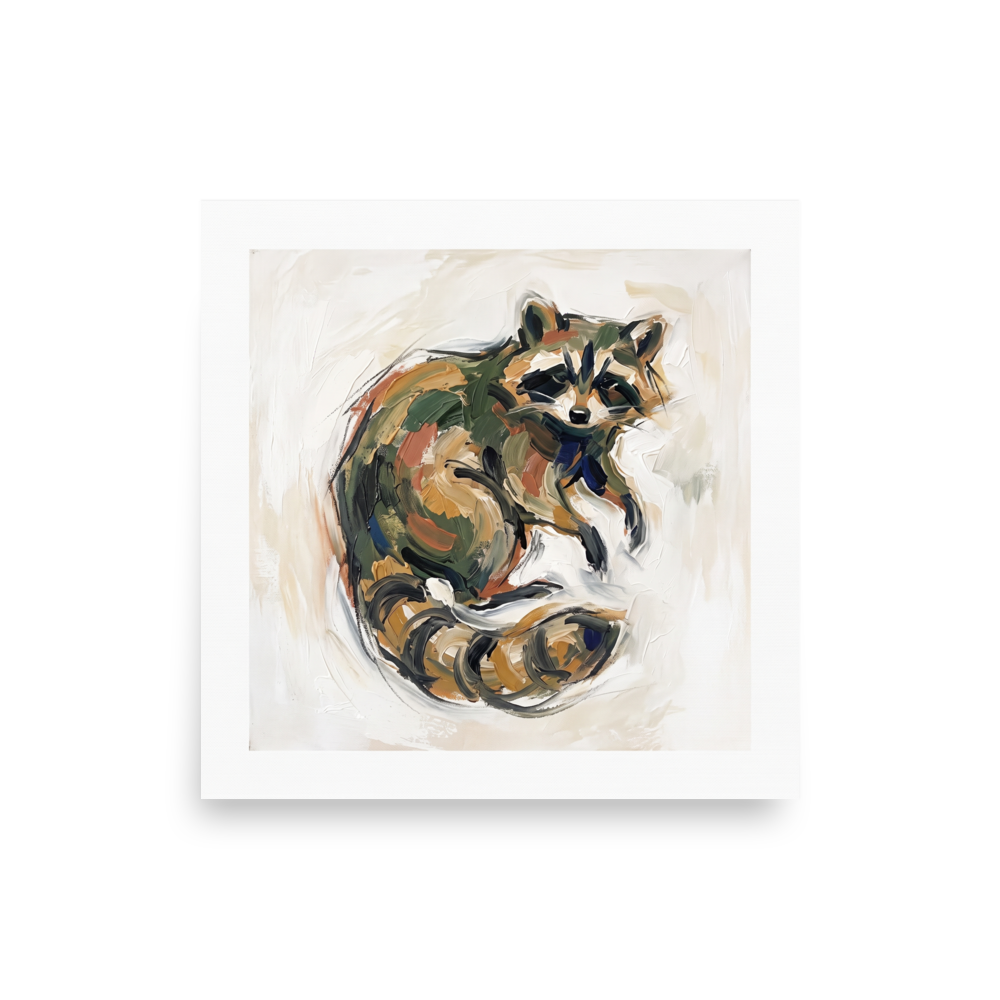 'Tanuki Rest', Expressionism wall art in dark olive green and tan. Impassioned oil painting of a curled Tanuki raccoon dog spirit in olive green and warm ochre tones for a bedroom or living room wall.