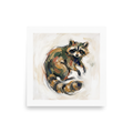 'Tanuki Rest', Expressionism wall art in dark olive green and tan. Impassioned oil painting of a curled Tanuki raccoon dog spirit in olive green and warm ochre tones for a bedroom or living room wall.