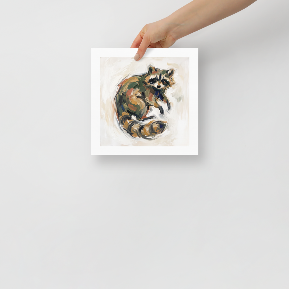 'Tanuki Rest', a Expressionism wall art print. Impassioned oil painting of a curled Tanuki raccoon dog spirit in olive green and warm ochre tones for a bedroom or living room wall.