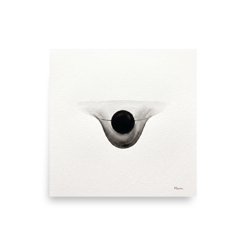 A calmness scene in black and white, 'Gravitational Equilibrium'. Minimalist black ink wash painting on textured paper featuring a central black circle inside a soft grayscale gradient, perfect for bedroom wall art.
