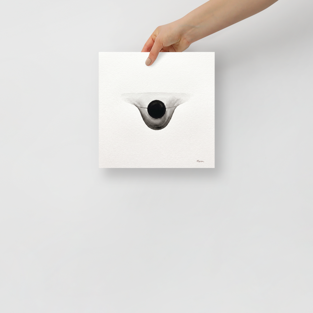 Wall art print 'Gravitational Equilibrium' in a Minimalism style. Minimalist black ink wash painting on textured paper featuring a central black circle inside a soft grayscale gradient, perfect for bedroom wall art.
