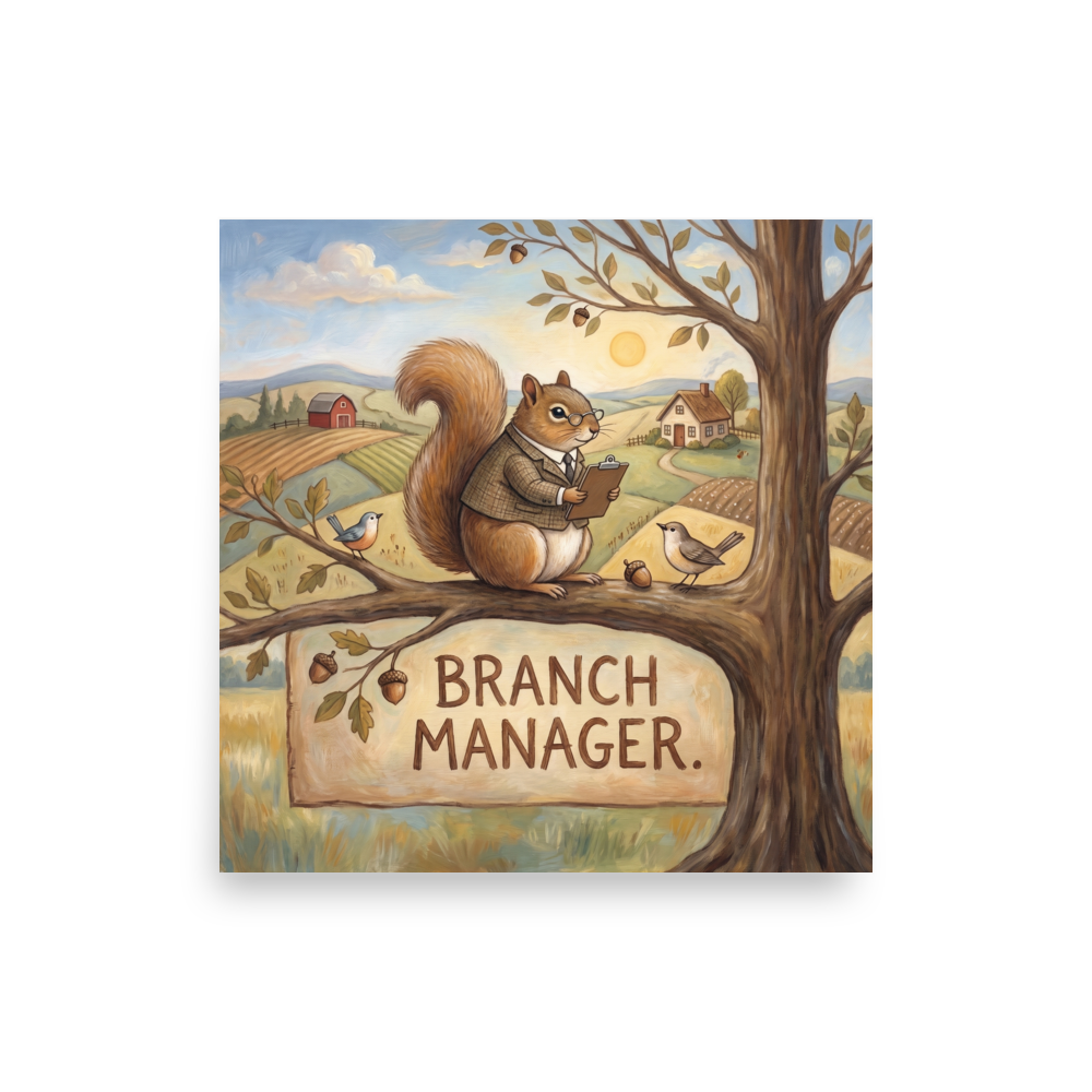 A amusement / humorous scene in burly wood and tan, 'Branch Manager'. A whimsical oil painting of a squirrel in a suit holding a clipboard on a tree branch overlooking rolling hills, perfect for office decor.