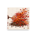 A graphic art print of a leaf blower scattering autumn leaves in vibrant red and orange tones, perfect as hallway wall art. A Pop art art print titled 'Autumn Blast'.