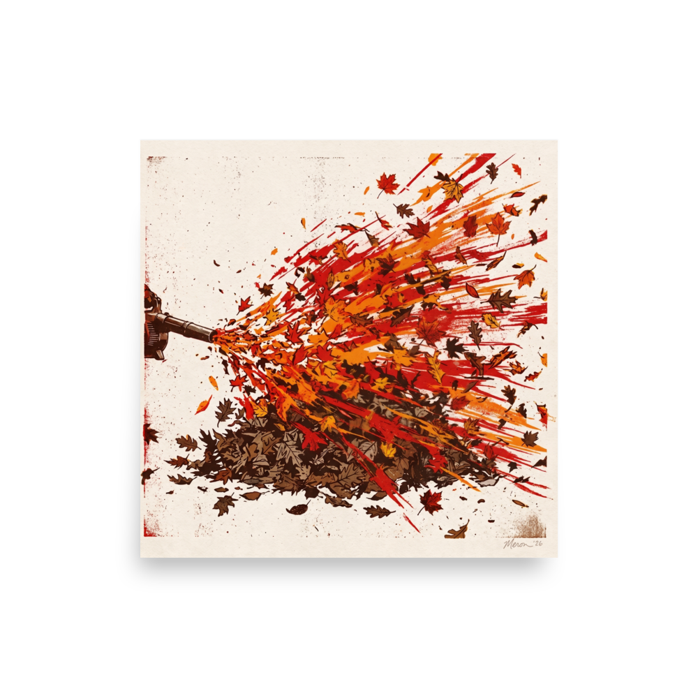 A graphic art print of a leaf blower scattering autumn leaves in vibrant red and orange tones, perfect as hallway wall art. A Pop art art print titled 'Autumn Blast'.