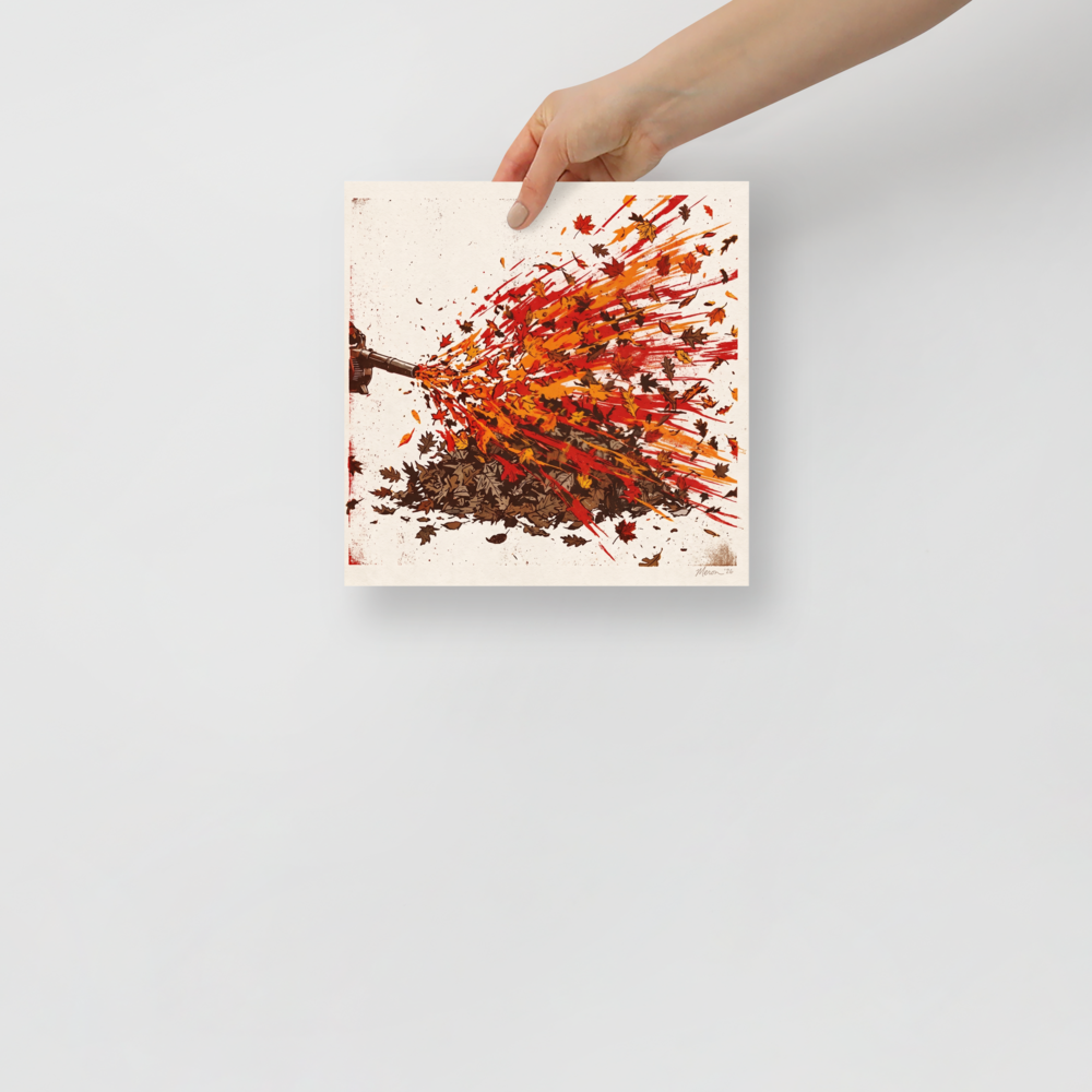 A graphic art print of a leaf blower scattering autumn leaves in vibrant red and orange tones, perfect as hallway wall art. Shown here as the Pop art print 'Autumn Blast'.