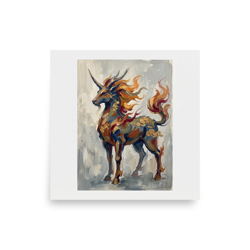 Expressionism wall art, 'Qilin's Majesty'. Impasto oil painting of the mythical Qilin with golden scales and fiery mane, ideal for a living room wall.