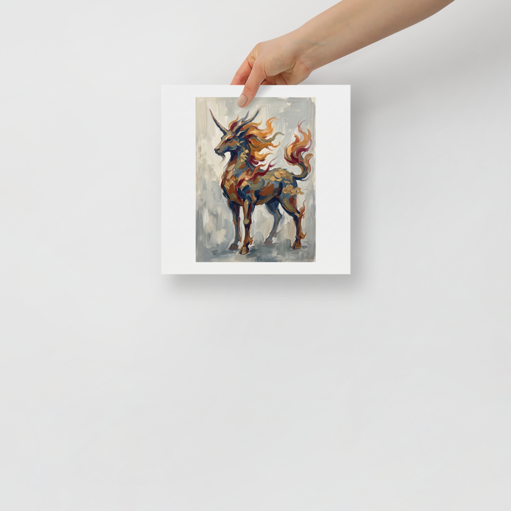 'Qilin's Majesty', a Expressionism wall art print. Impasto oil painting of the mythical Qilin with golden scales and fiery mane, ideal for a living room wall.