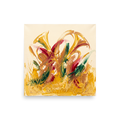 A lively / vibrant scene in gold and crimson, 'Wild Flora in High Relief'. Thick impasto acrylic floral abstract painting with vibrant yellow crimson and green palette knife strokes in a sunroom wall art setting.