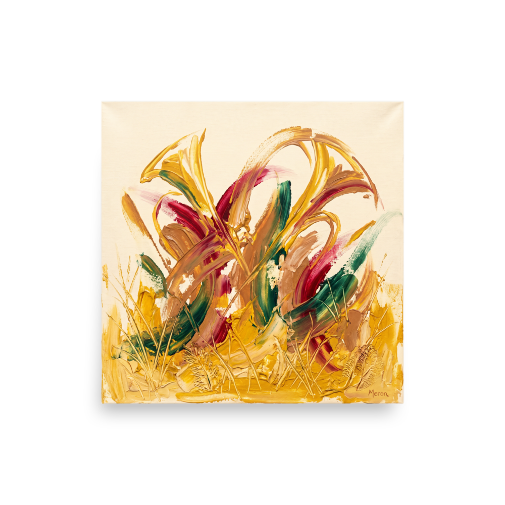 A lively / vibrant scene in gold and crimson, 'Wild Flora in High Relief'. Thick impasto acrylic floral abstract painting with vibrant yellow crimson and green palette knife strokes in a sunroom wall art setting.