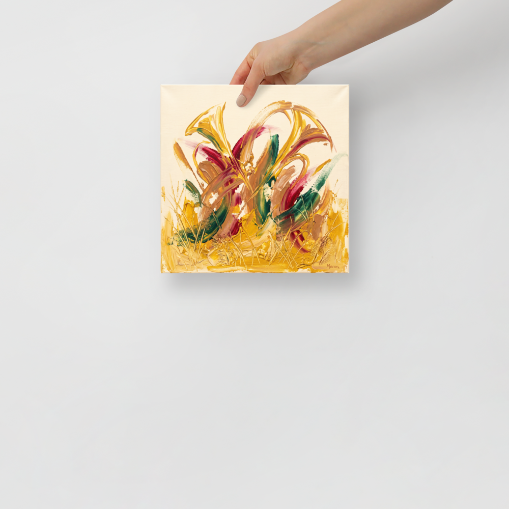 Fine art print 'Wild Flora in High Relief' in a Abstract expressionism style. Thick impasto acrylic floral abstract painting with vibrant yellow crimson and green palette knife strokes in a sunroom wall art setting.