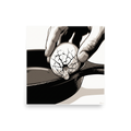 'Cracking the Shell' by Meron. A high-contrast graphic pop art illustration of an egg cracking on a cast-iron skillet in a modern kitchen. A Pop art wall art print.