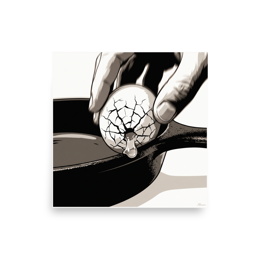 'Cracking the Shell' by Meron. A high-contrast graphic pop art illustration of an egg cracking on a cast-iron skillet in a modern kitchen. A Pop art wall art print.