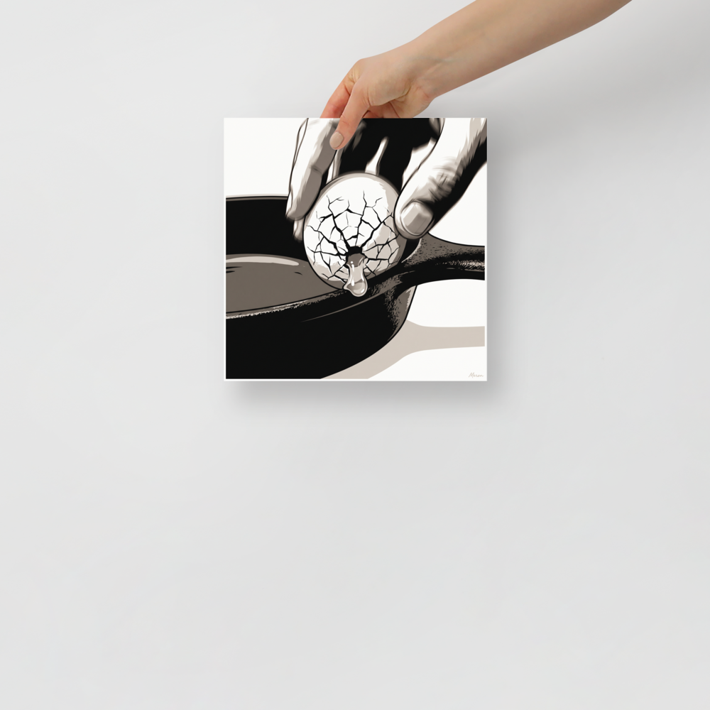 'Cracking the Shell'. A high-contrast graphic pop art illustration of an egg cracking on a cast-iron skillet in a modern kitchen. Offered as a Pop art print.