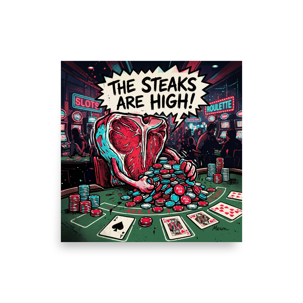 Pop art wall art exploring food & drinks, 'The Steaks Are High'. A retro comic style pop art illustration of a T-bone steak playing poker in a casino, pushing all its chips in with a speech bubble that says 'THE STEAKS ARE HIGH!'.