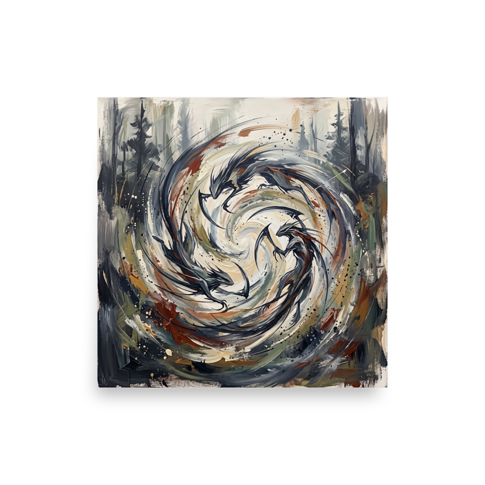 A chaotic Expressionism print, 'Kamaitachi Whirlwind'. Swirling dynamic oil painting of Japanese sickle-weasel wind spirits (Kamaitachi) in a pine forest vortex for a living room wall.