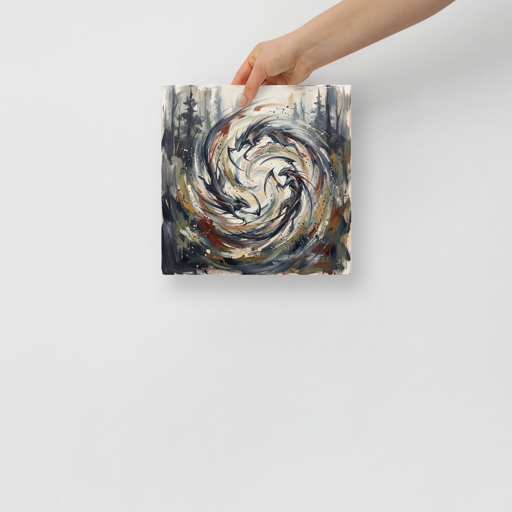 Swirling dynamic oil painting of Japanese sickle-weasel wind spirits (Kamaitachi) in a pine forest vortex for a living room wall. Available as the Expressionism art print 'Kamaitachi Whirlwind'.
