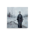 Wall art print 'The Faceless Wanderer' in a Japanese art style. A minimalist painting of a faceless figure in dark robes on a snowy path in a meditation room wall art layout.