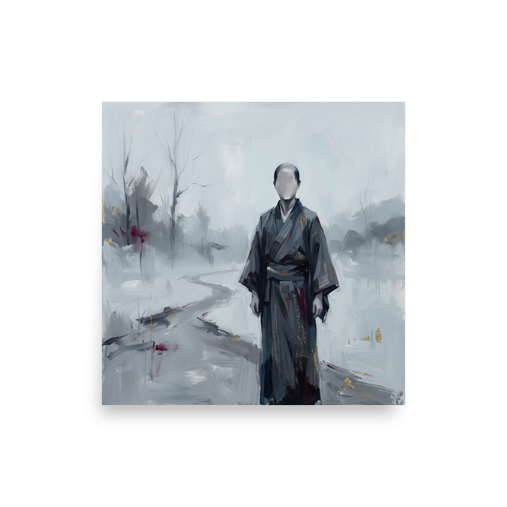 Wall art print 'The Faceless Wanderer' in a Japanese art style. A minimalist painting of a faceless figure in dark robes on a snowy path in a meditation room wall art layout.