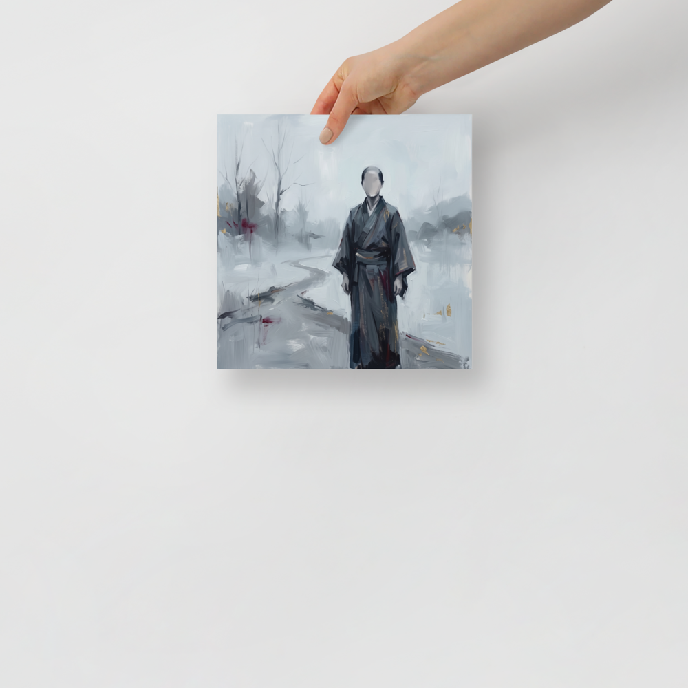 'The Faceless Wanderer' by Meron. A minimalist painting of a faceless figure in dark robes on a snowy path in a meditation room wall art layout. A Japanese art wall art print.
