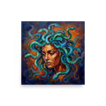 Wall art print 'Medusa's Gaze' in a Expressionism style. Expressionist impasto portrait of Medusa with vibrant blue and green serpents, perfect for a living room wall.
