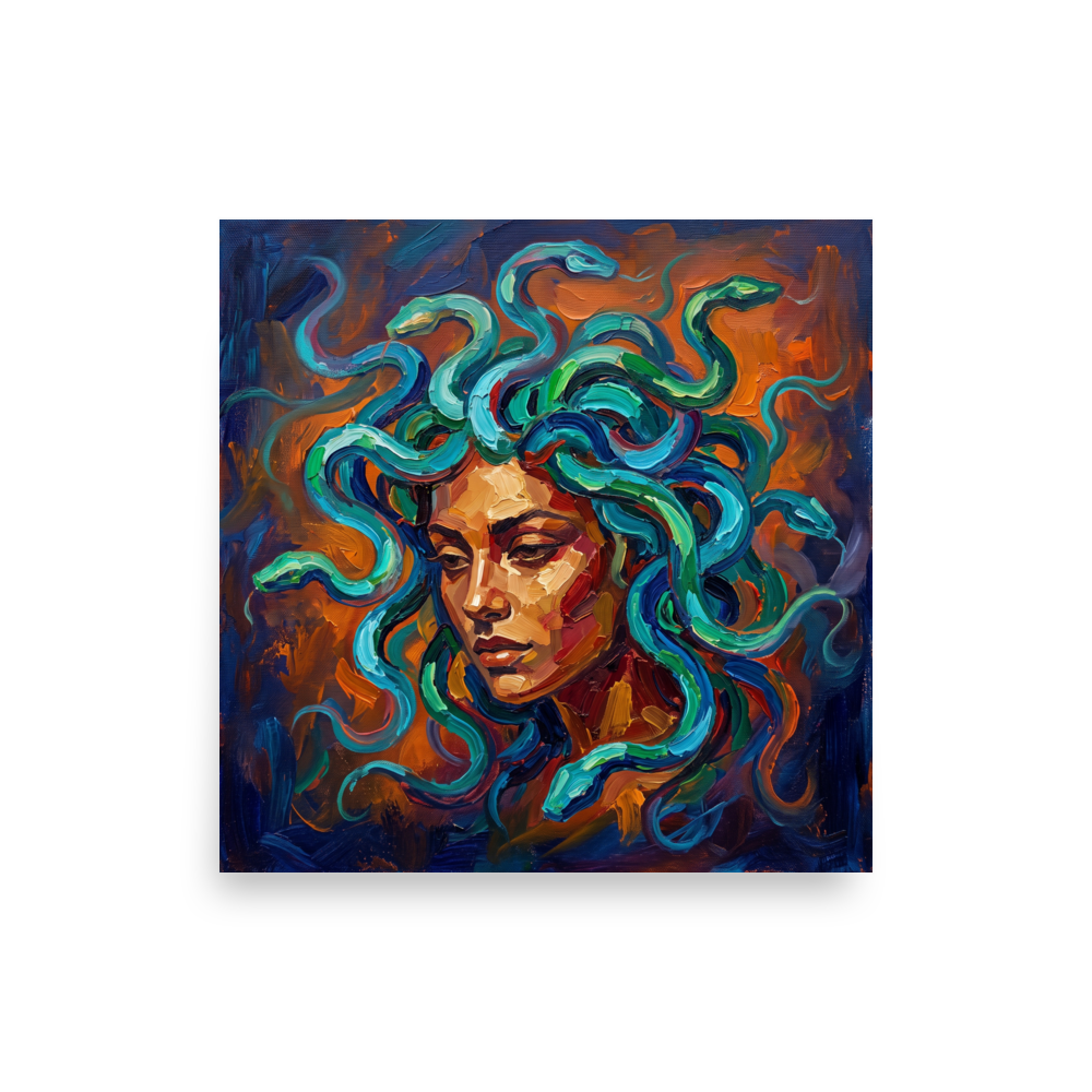 Wall art print 'Medusa's Gaze' in a Expressionism style. Expressionist impasto portrait of Medusa with vibrant blue and green serpents, perfect for a living room wall.