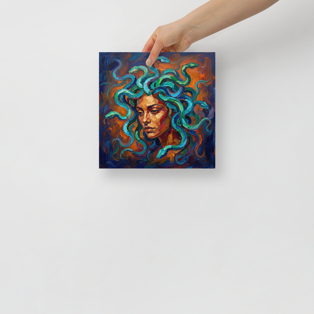 'Medusa's Gaze', Expressionism wall art in teal and dark blue. Expressionist impasto portrait of Medusa with vibrant blue and green serpents, perfect for a living room wall.