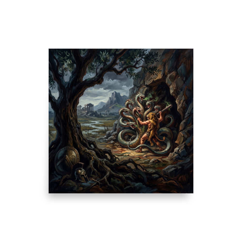 Classical oil painting of Hercules fighting the multi-headed Hydra serpent, ideal for a living room wall. A Academic art print in dark olive green and dark slate gray, 'Hercules and the Hydra'.