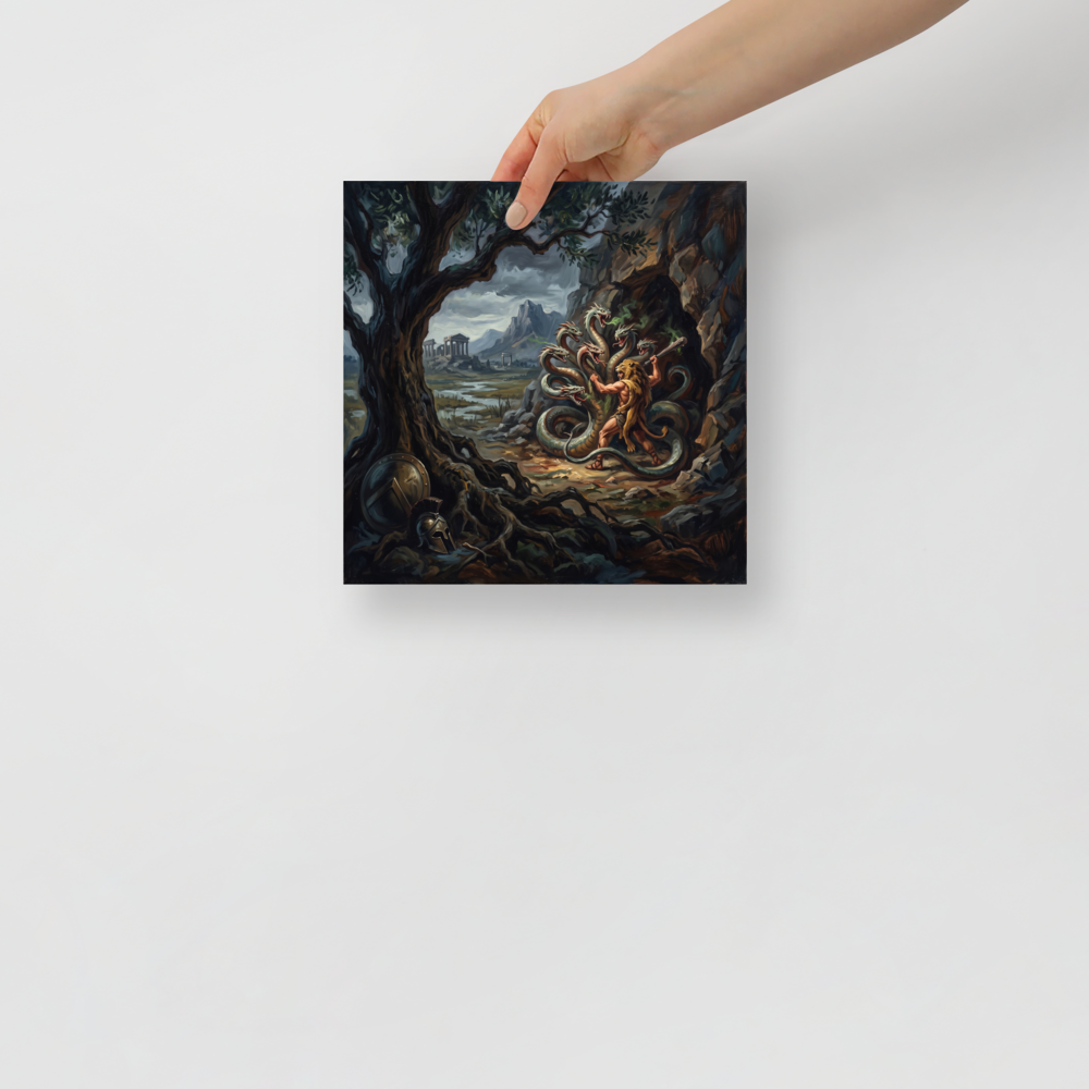 A brooding scene in dark olive green and dark slate gray, 'Hercules and the Hydra'. Classical oil painting of Hercules fighting the multi-headed Hydra serpent, ideal for a living room wall.