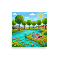 Whimsical naive art print of a couple on a picnic blanket by a pond filled with water lilies, ideal for a nursery wall. Shown here as the Naive art print 'Lakeside Picnic'.