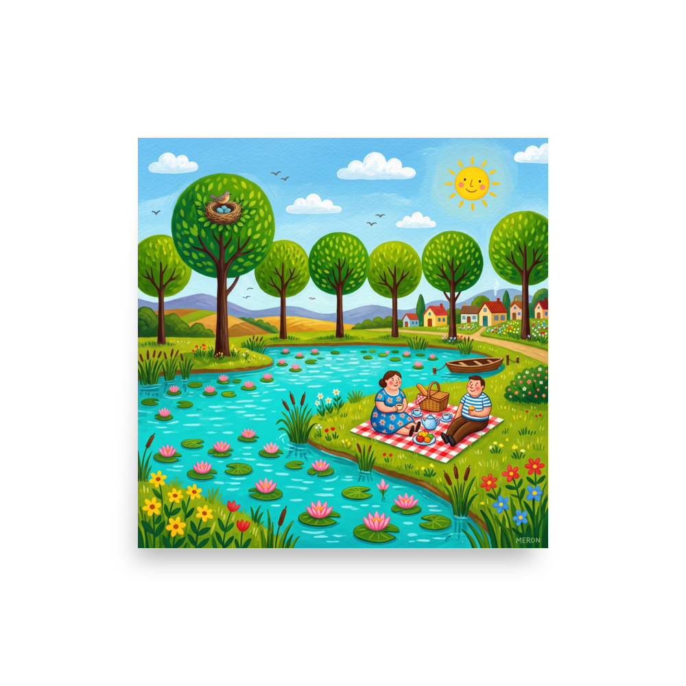 Whimsical naive art print of a couple on a picnic blanket by a pond filled with water lilies, ideal for a nursery wall. Shown here as the Naive art print 'Lakeside Picnic'.