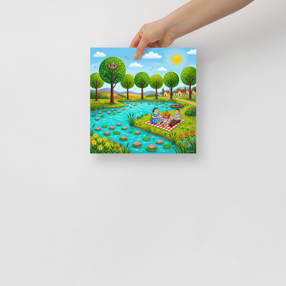 Naive art wall art, 'Lakeside Picnic'. Whimsical naive art print of a couple on a picnic blanket by a pond filled with water lilies, ideal for a nursery wall.